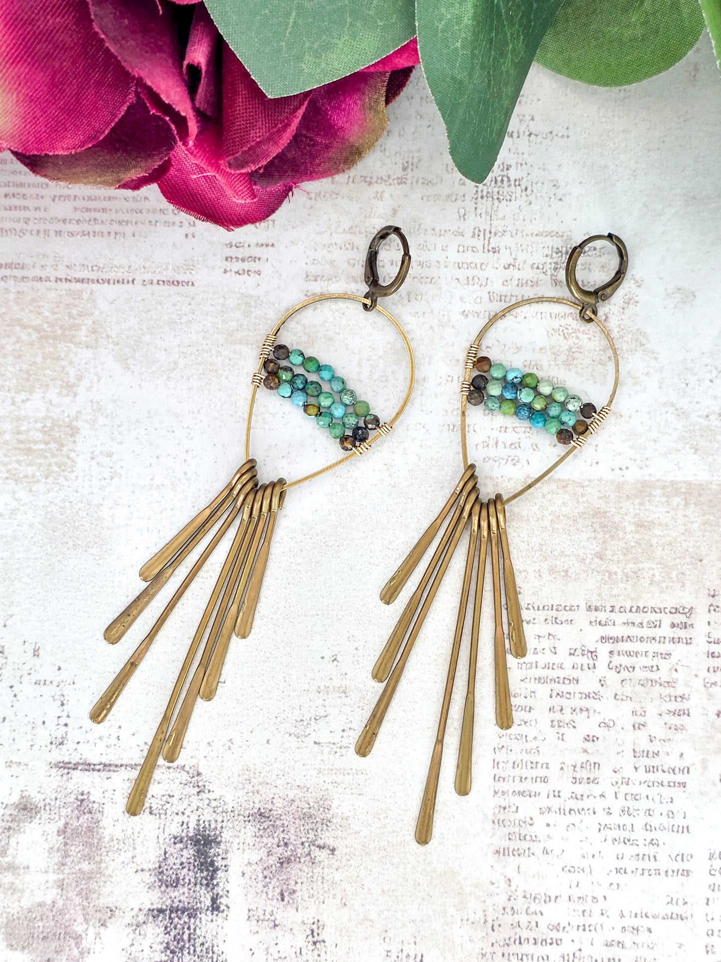 Brass Turquoise Fringe Earrings, Nicki Lynn Jewelry
