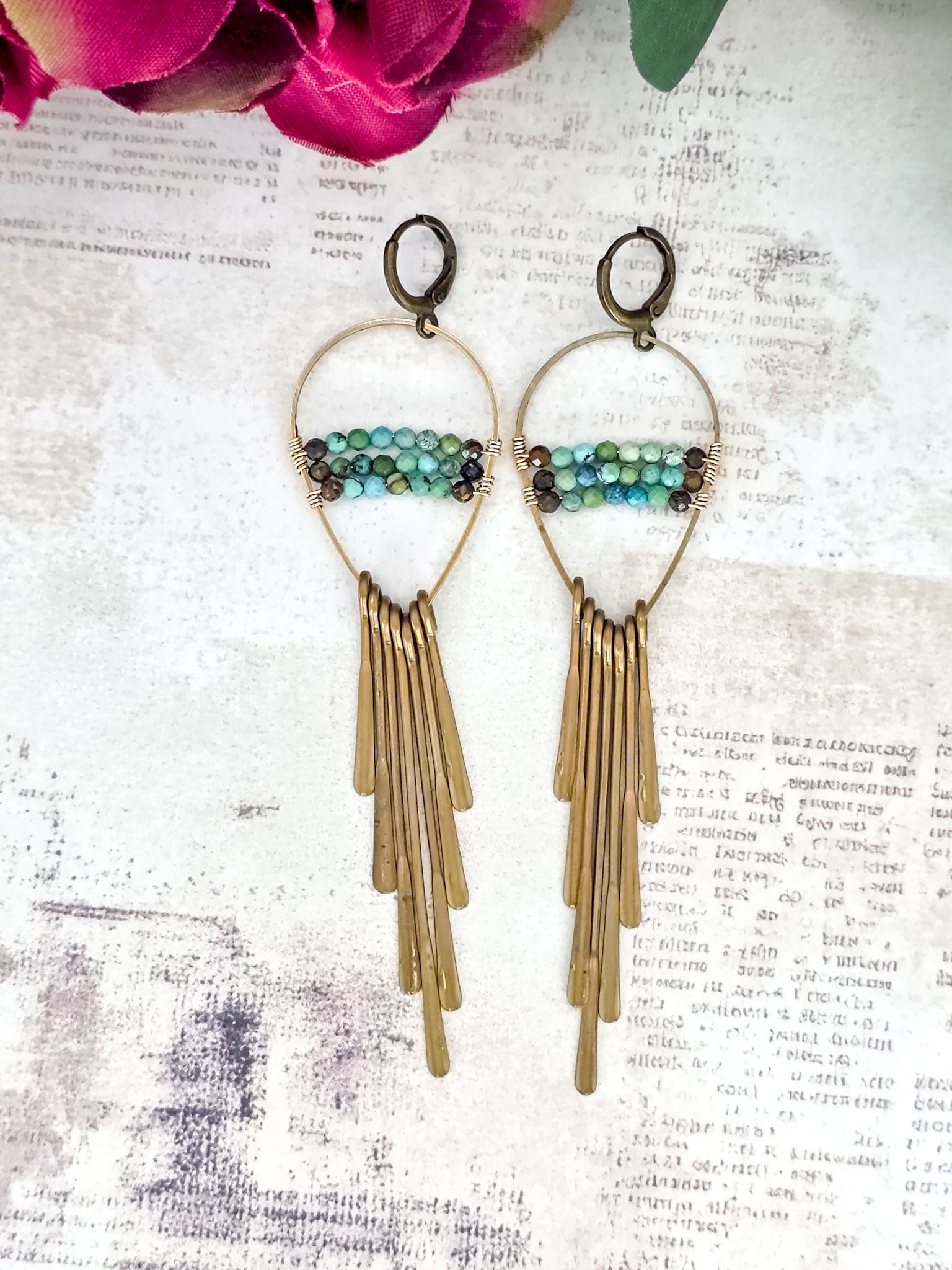 Brass Turquoise Fringe Earrings, Nicki Lynn Jewelry