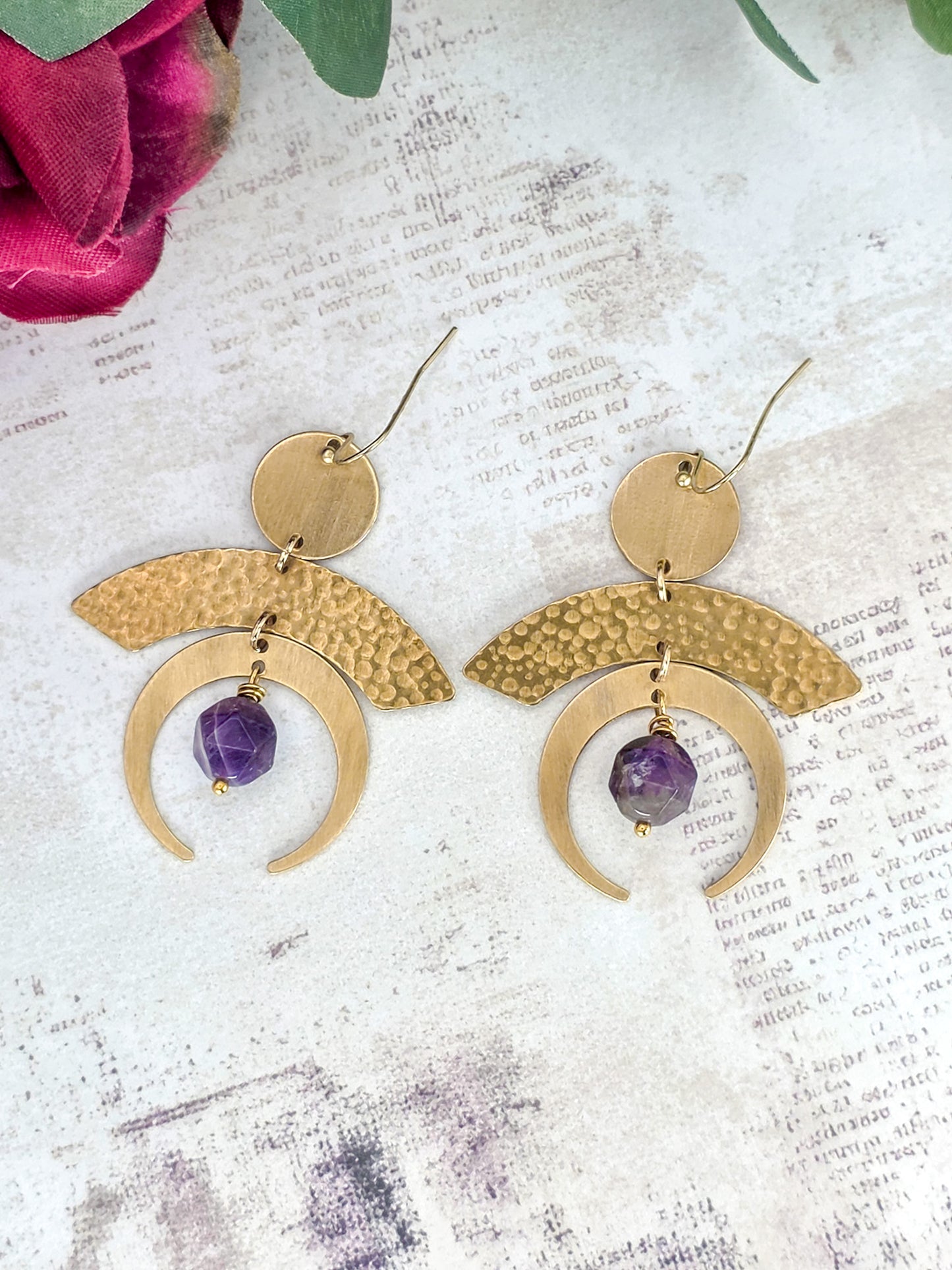 Hammered brass statement earrings with genuine faceted amethyst gemstones and modern geometric brass design.