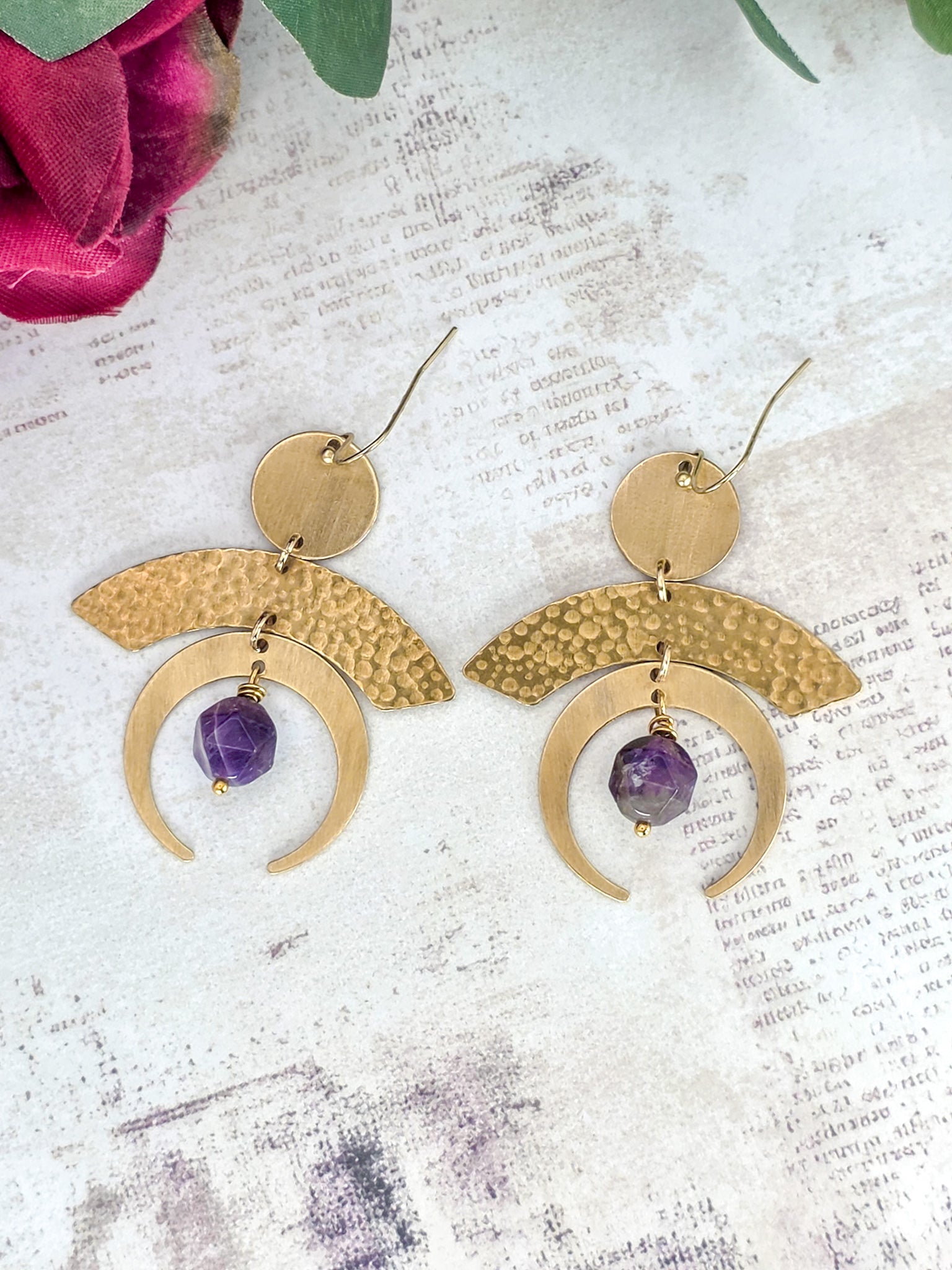 Hammered brass statement earrings with genuine faceted amethyst gemstones and modern geometric brass design.