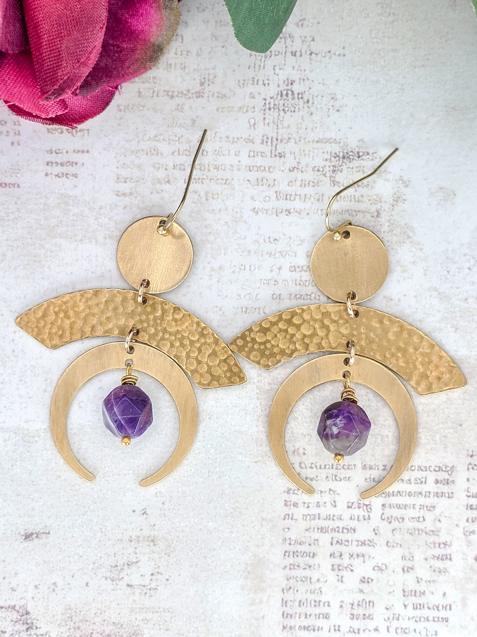 Hammered brass statement earrings with genuine faceted amethyst gemstones and modern geometric brass design.