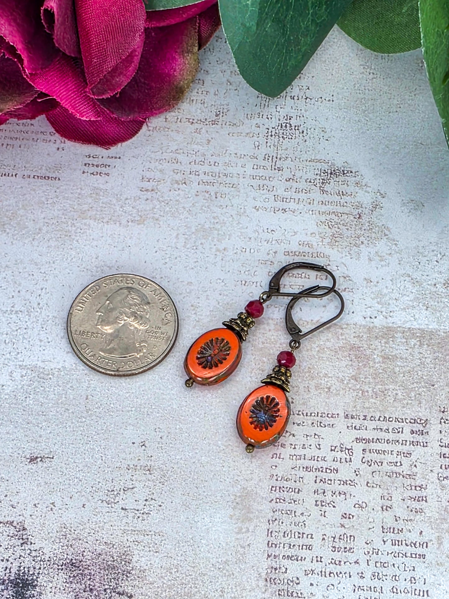 Orange Czech Glass Drop Earrings