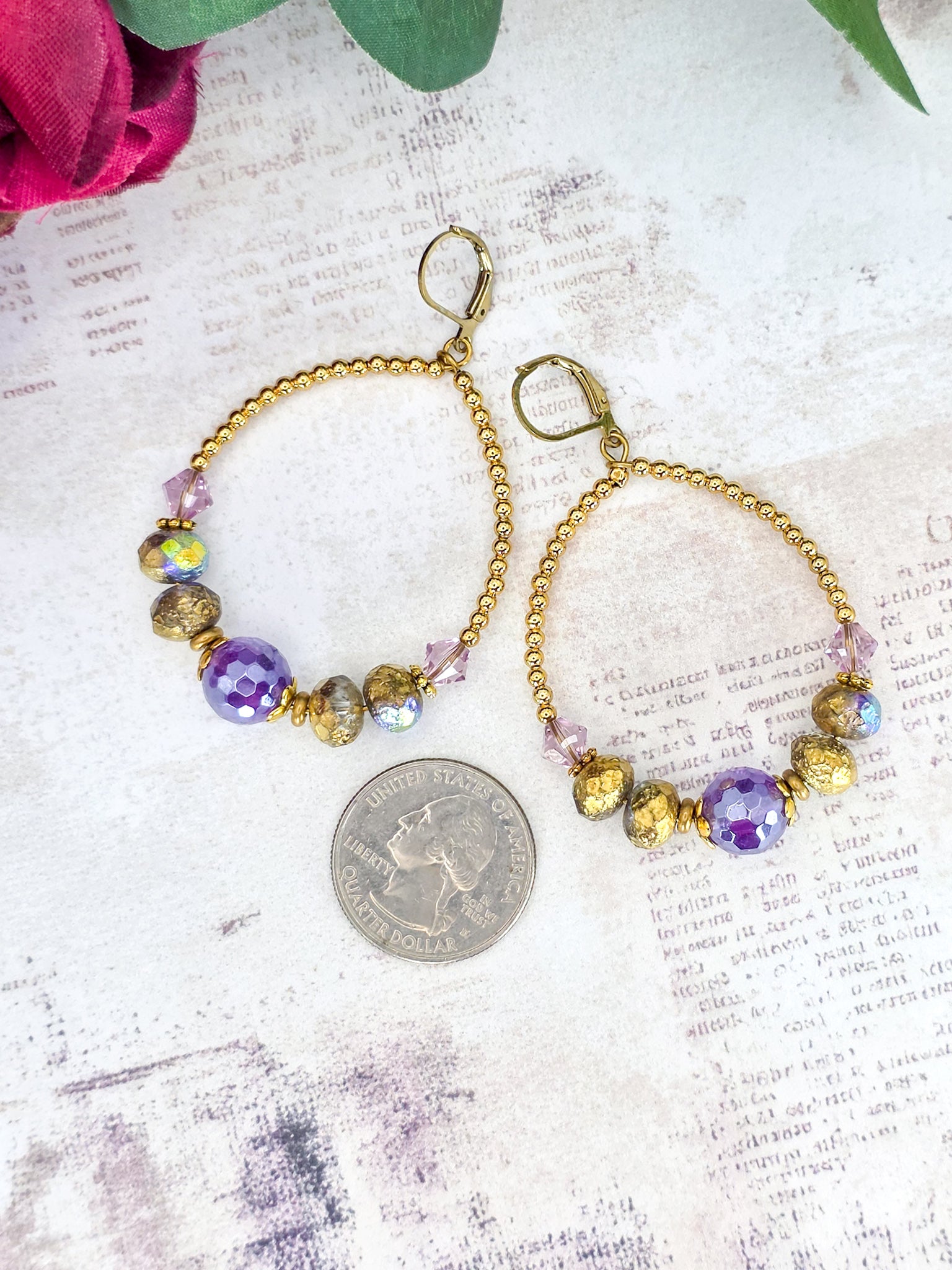 Amethyst hoop earrings featuring genuine Swarovski crystal components, Czech glass beads, and brass accents.