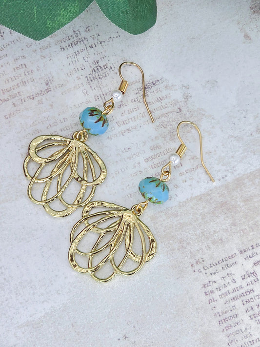 Gold flower drop earrings with turquoise Czech glass beads and pearl accents