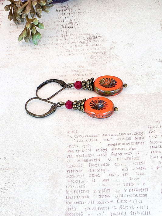 Orange Czech Glass Drop Earrings