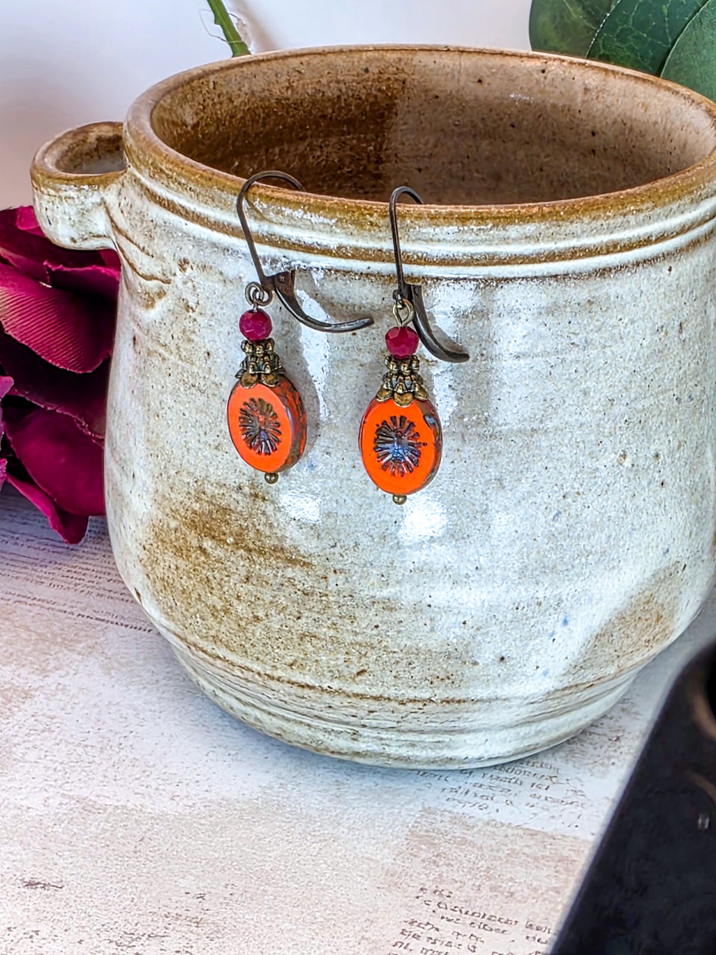 Orange Czech Glass Drop Earrings
