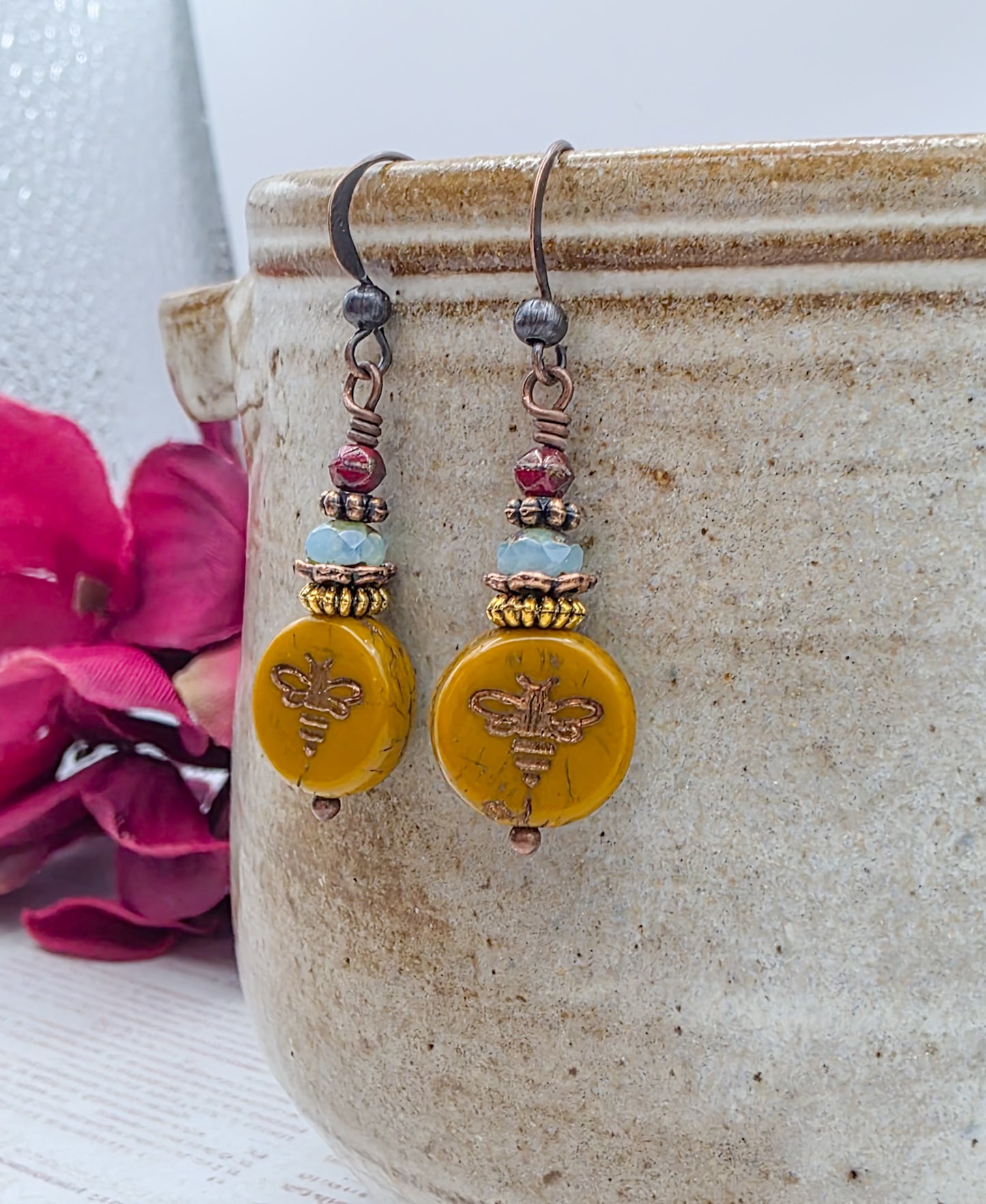 Mustard Picasso Czech glass bee earrings with copper ear wires and brass accents.