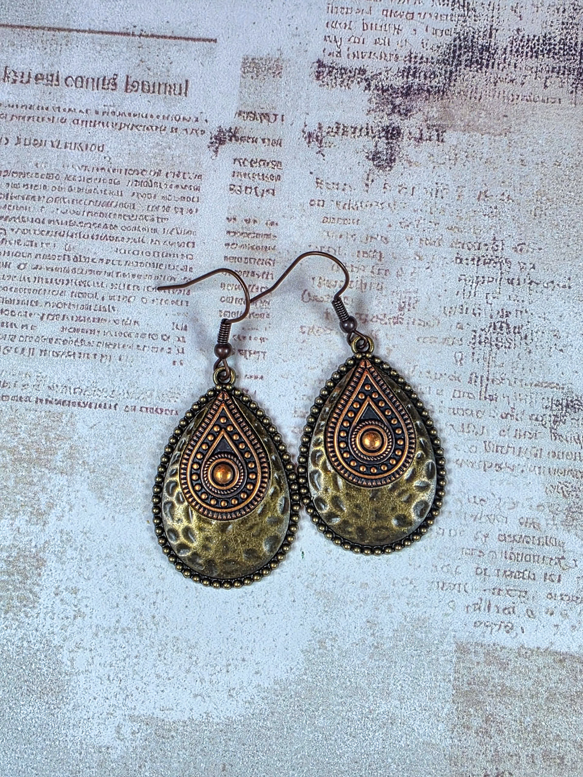 Large copper and brass teardrop dangle earrings