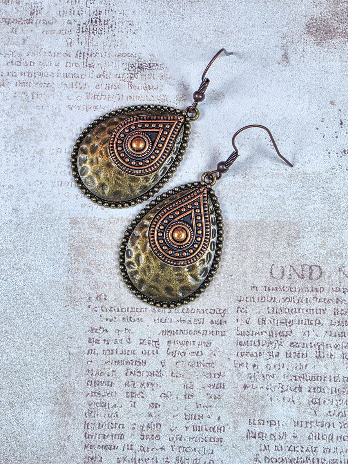 Large copper and brass teardrop dangle earrings