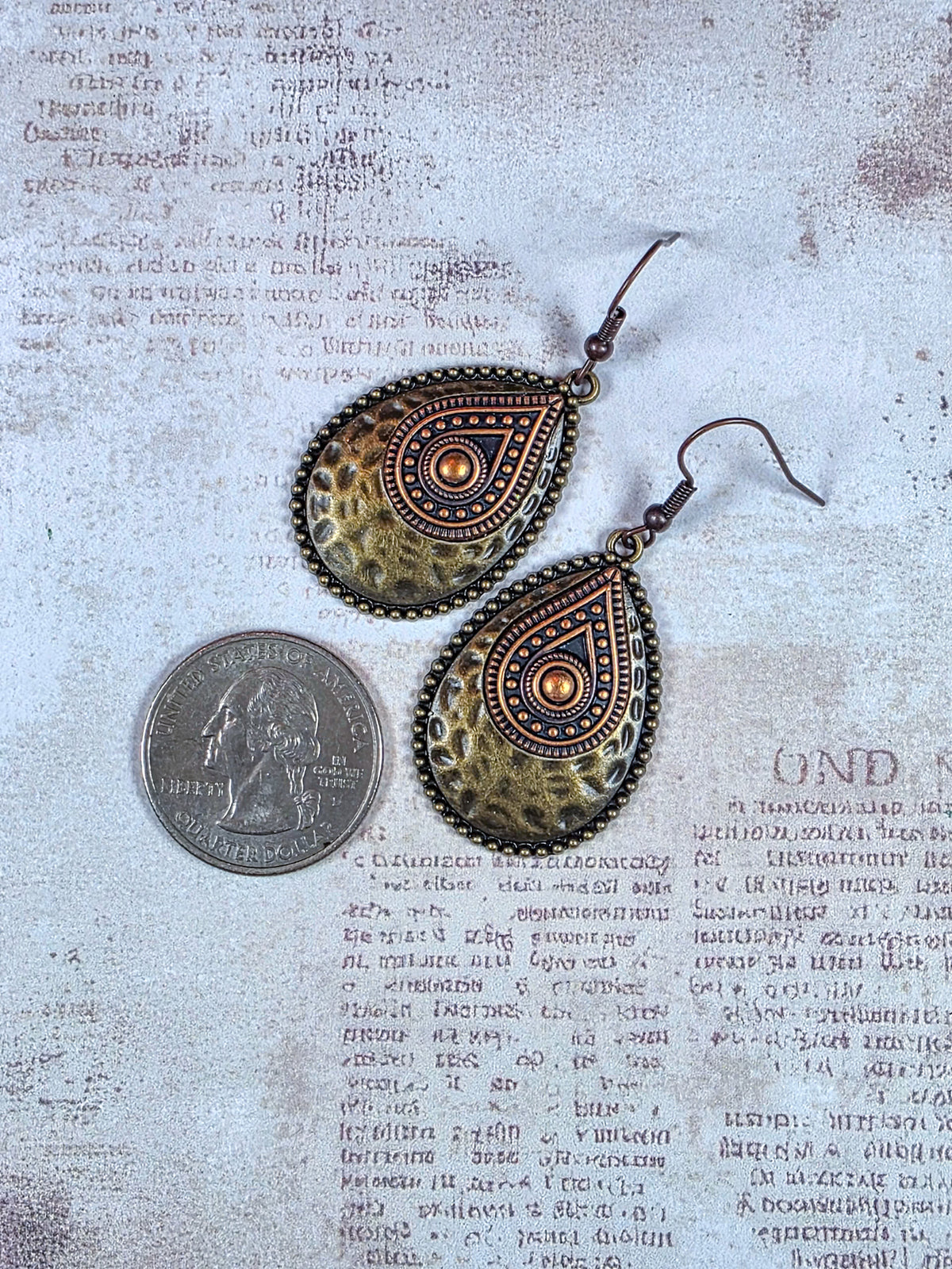 Large copper and brass teardrop dangle earrings