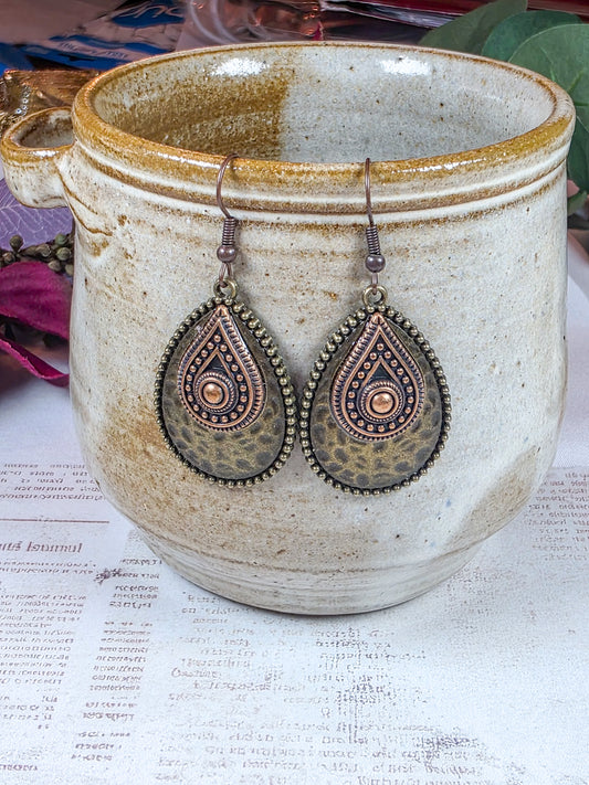 Large copper and brass teardrop dangle earrings