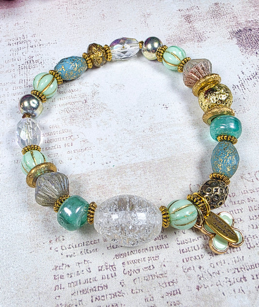 Mint and aqua Czech glass beaded bracelet with quartz focal and brass accents