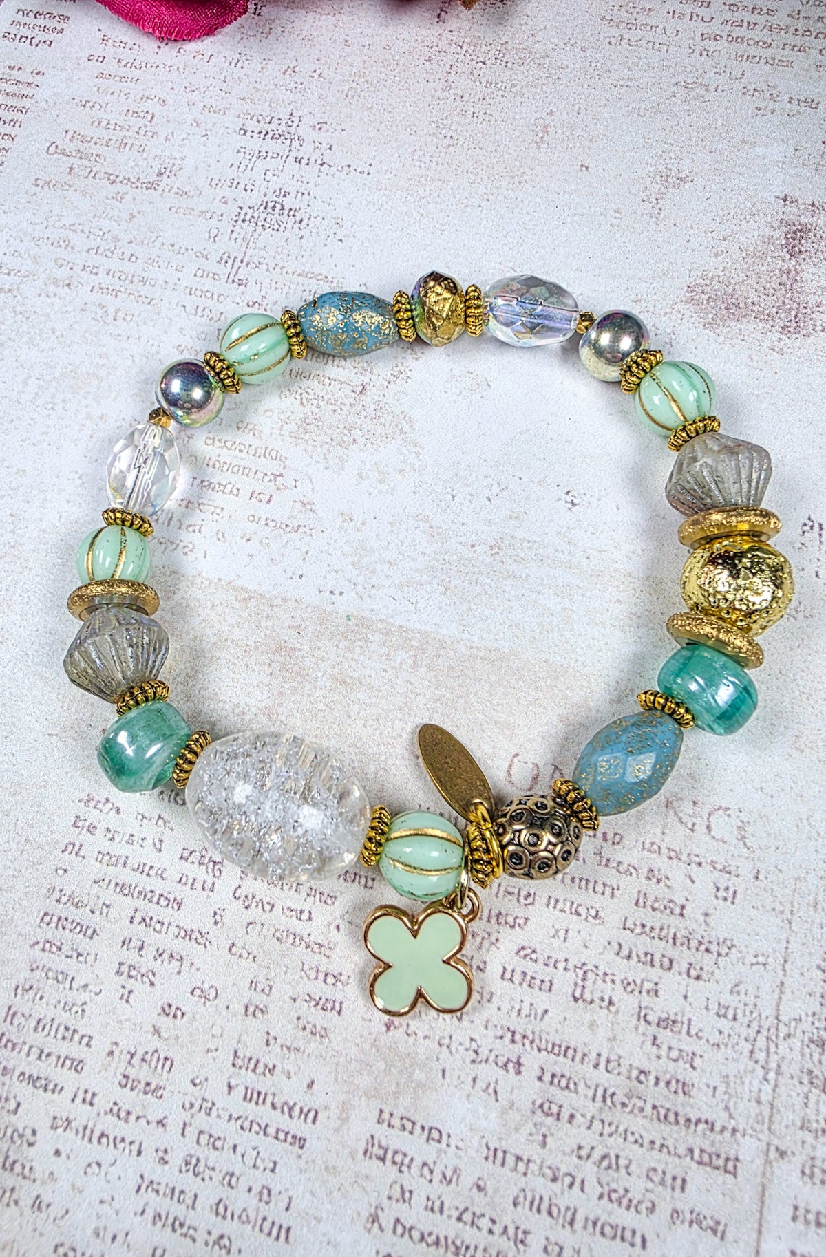 Mint and aqua Czech glass beaded bracelet with quartz focal and brass accents