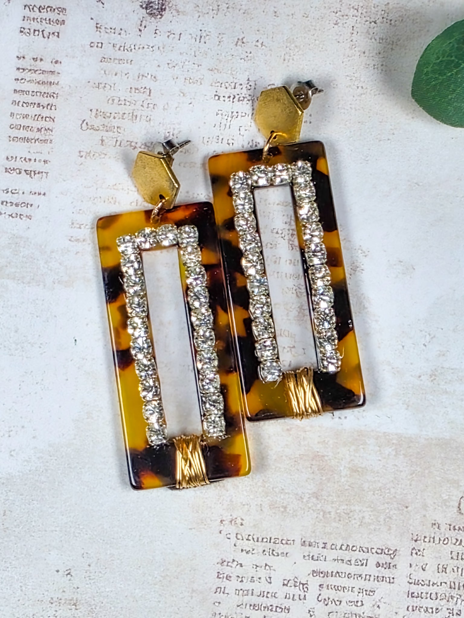 Tortoise acrylic rectangular statement earrings with crystal rhinestones and gold accents