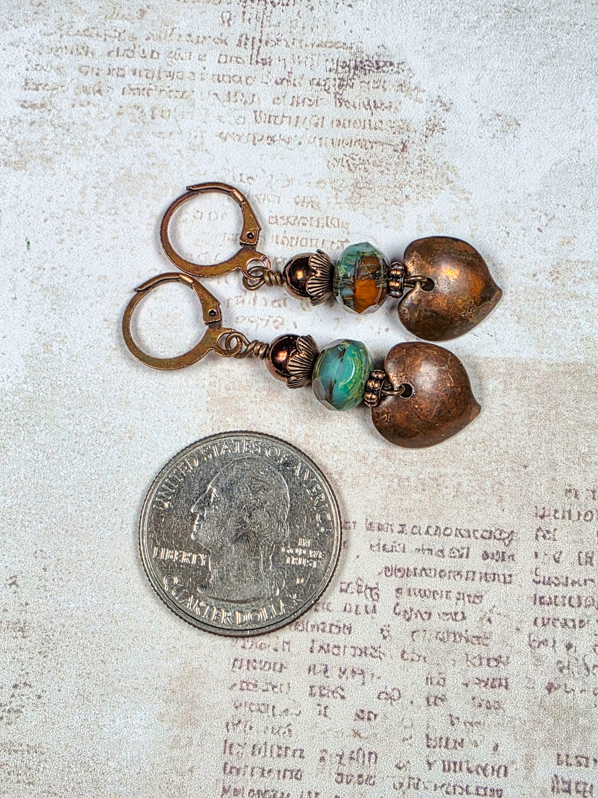 Aged copper heart earrings with turquoise brown Czech glass beads and antiqued copper leverback ear wires