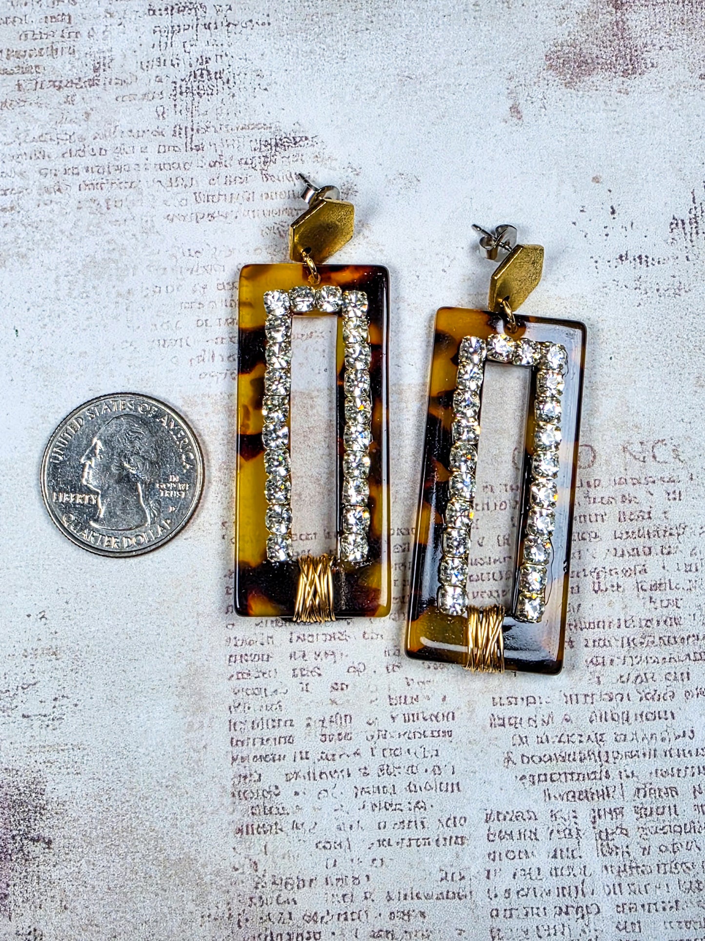 Tortoise acrylic rectangular statement earrings with crystal rhinestones and gold accents