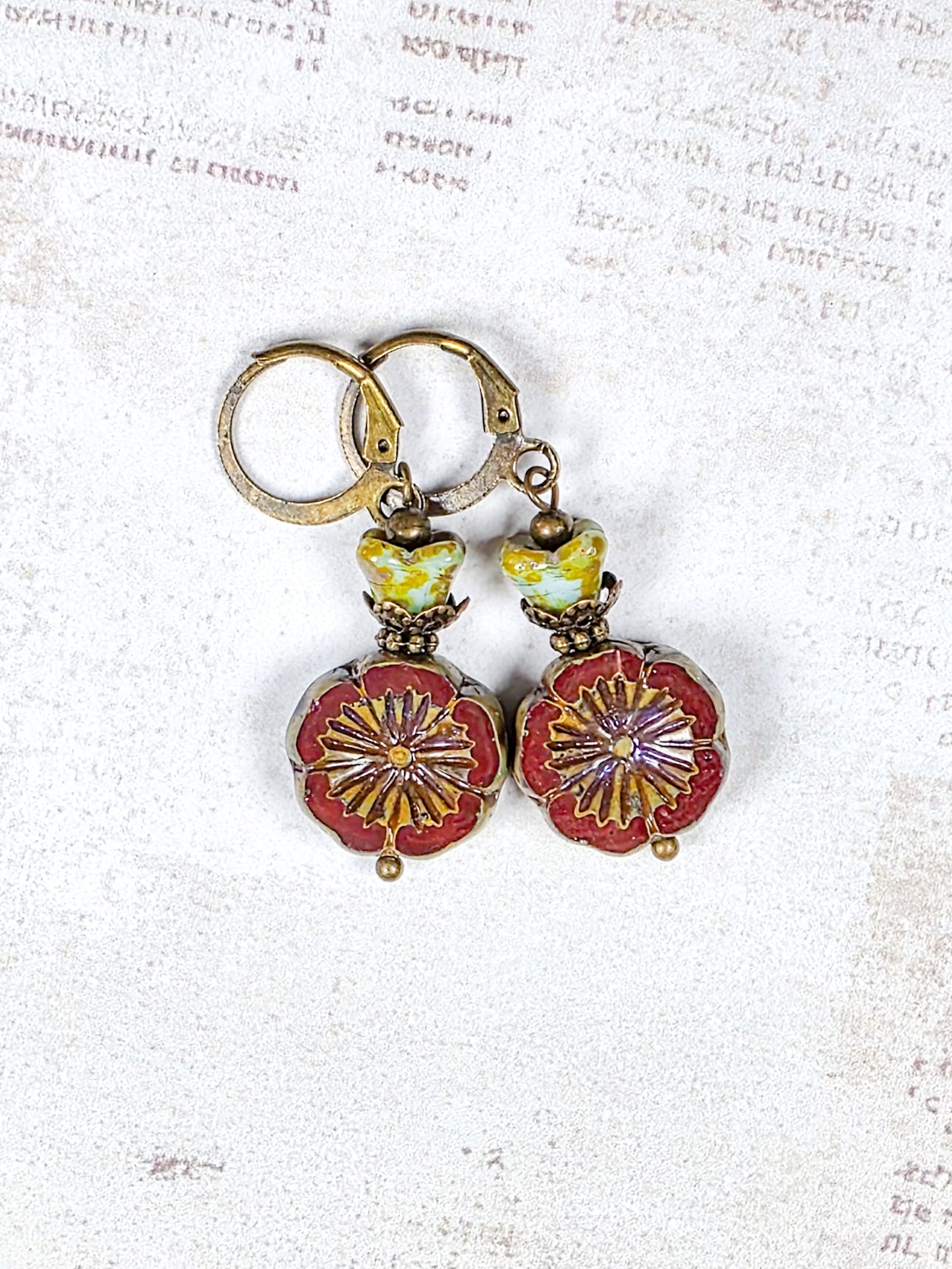 Red poppy Czech glass floral earrings with antique brass leverback ear wires