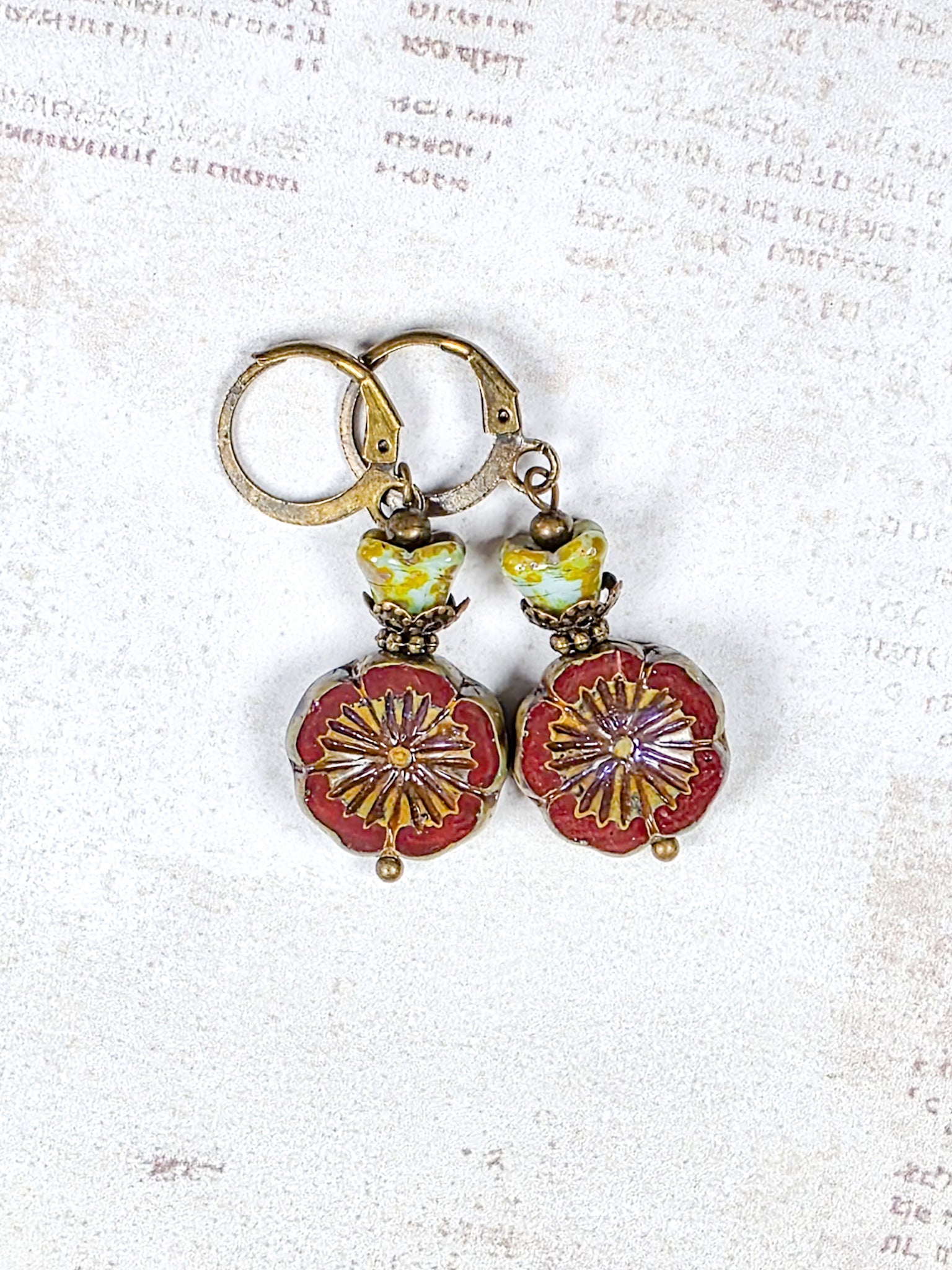 Red poppy Czech glass floral earrings with antique brass leverback ear wires
