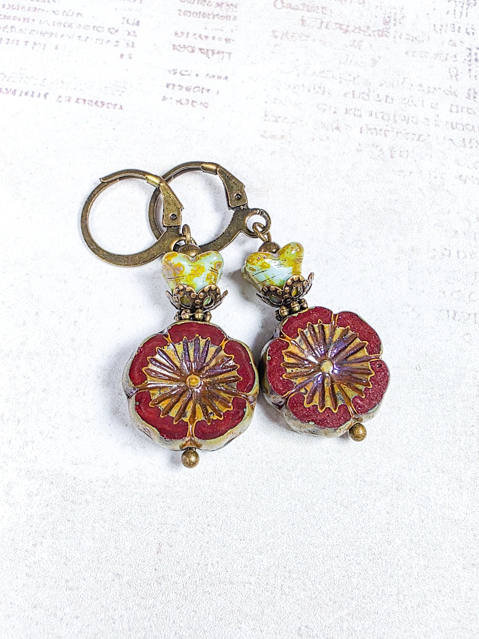 Red poppy Czech glass floral earrings with antique brass leverback ear wires