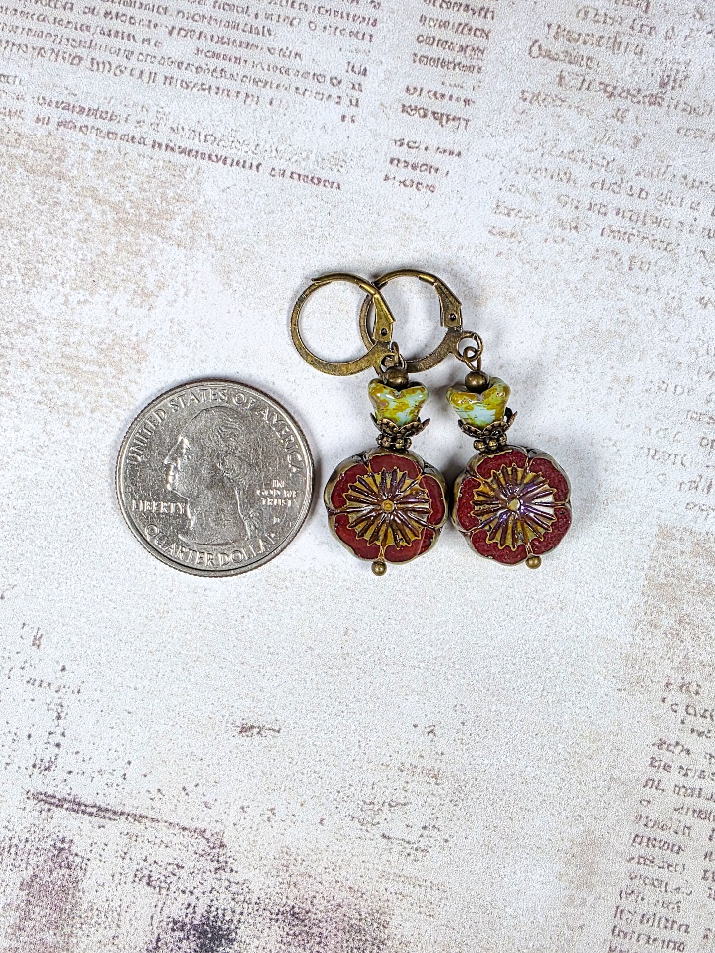 Red poppy Czech glass floral earrings with antique brass leverback ear wires