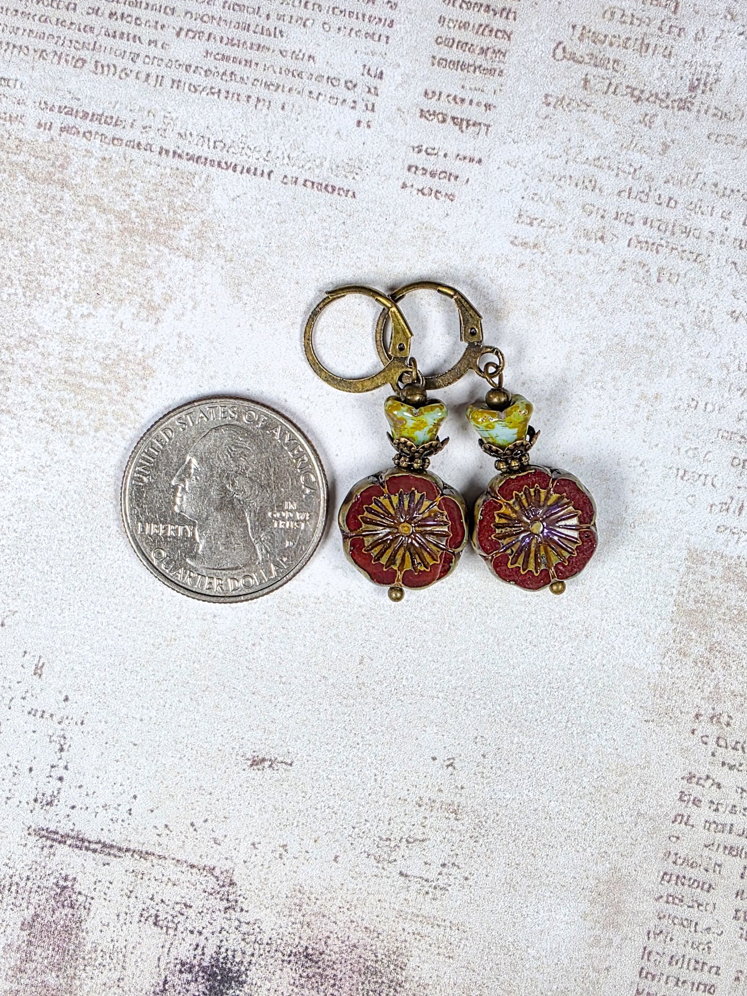 Red poppy Czech glass floral earrings with antique brass leverback ear wires