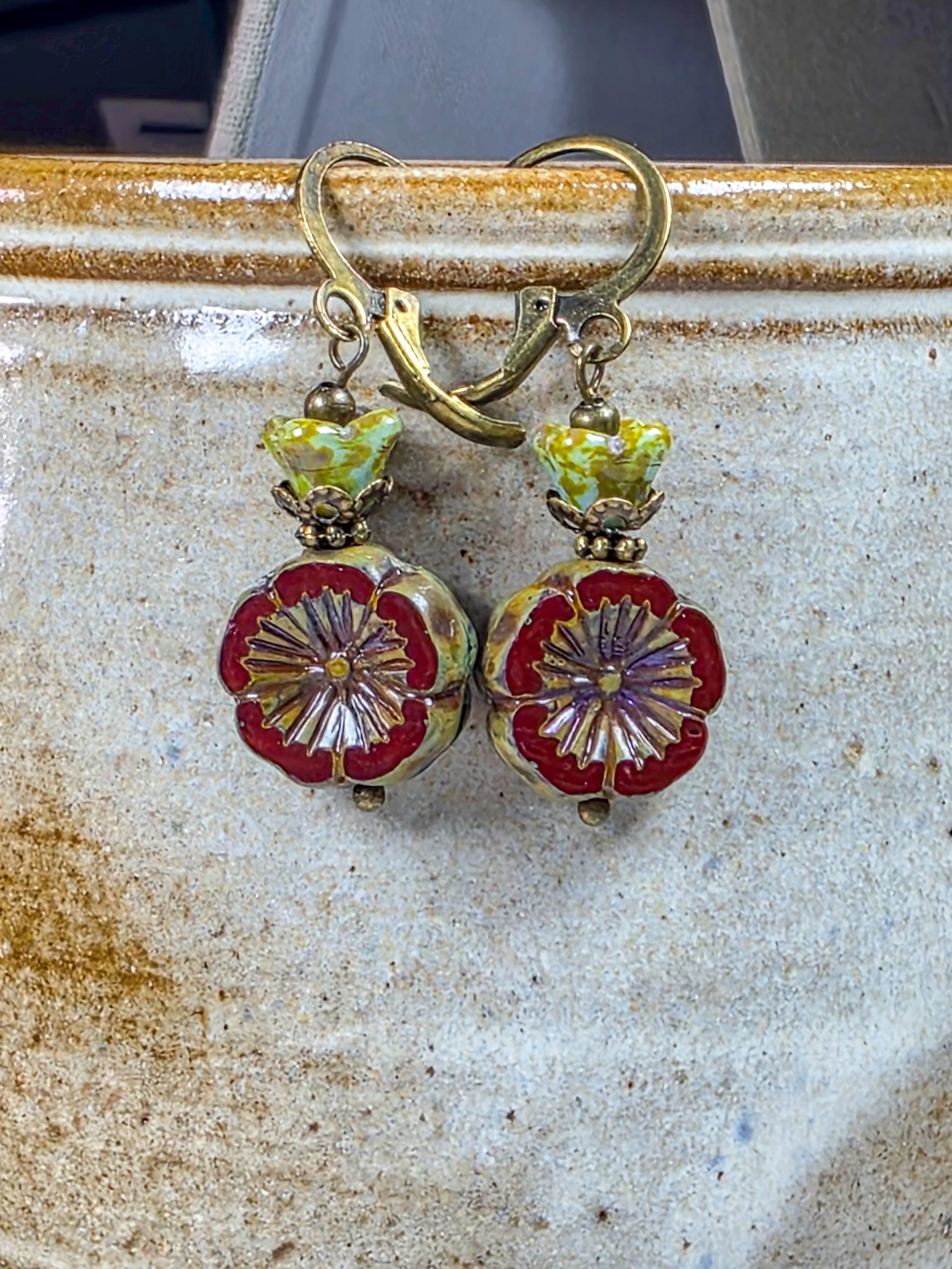 Red poppy Czech glass floral earrings with antique brass leverback ear wires