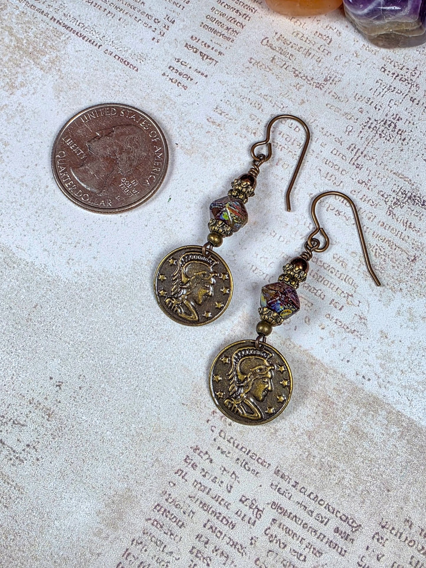 Czech glass earrings with antiqued brass coin charms and ear hooks