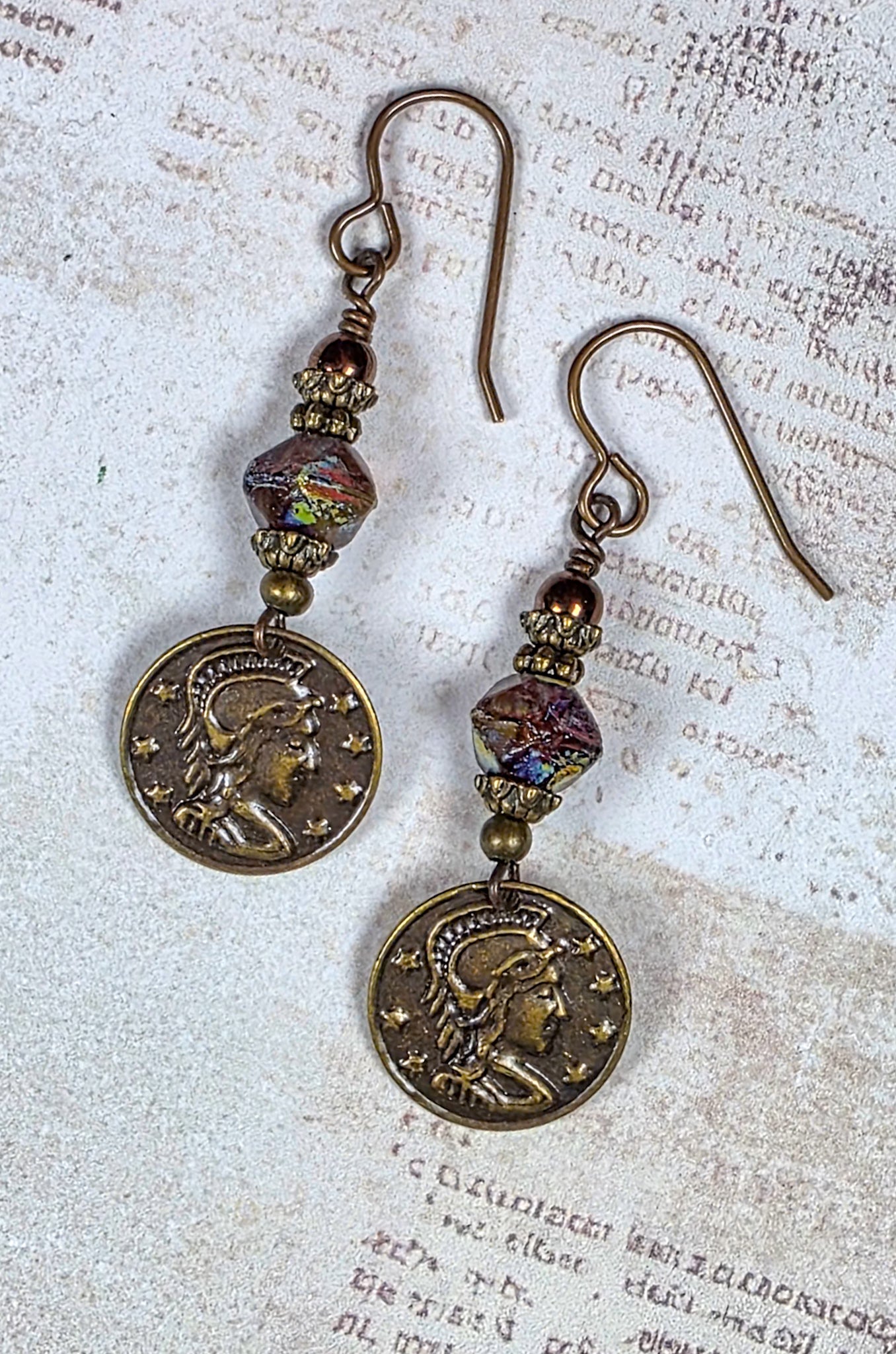 Czech glass earrings with antiqued brass coin charms and ear hooks
