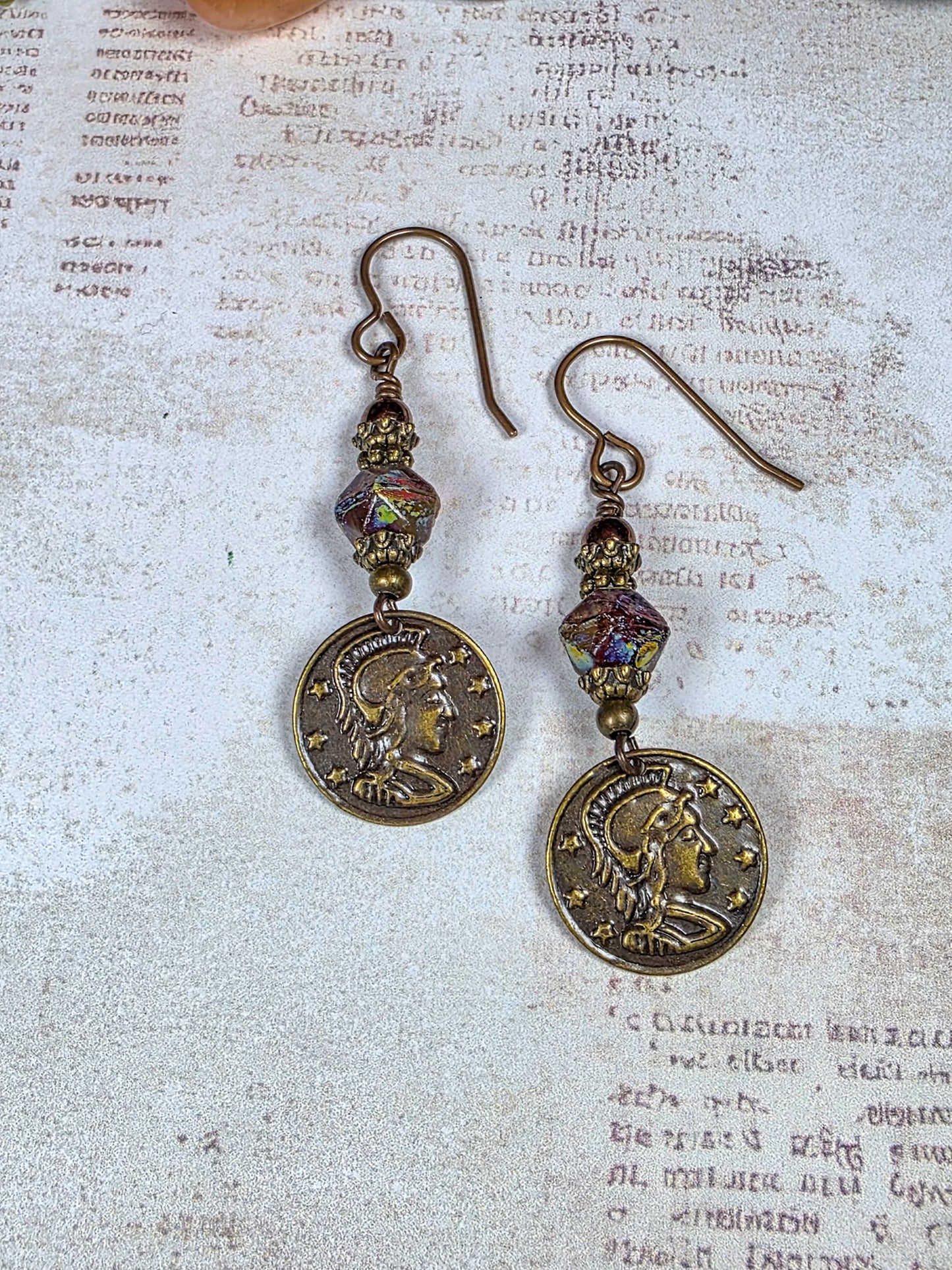 Czech glass earrings with antiqued brass coin charms and ear hooks