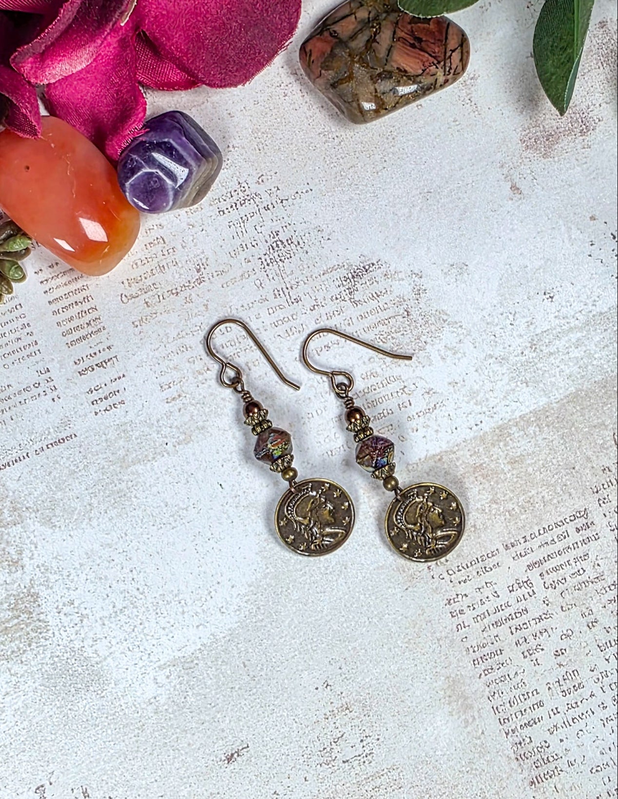 Czech glass earrings with antiqued brass coin charms and ear hooks