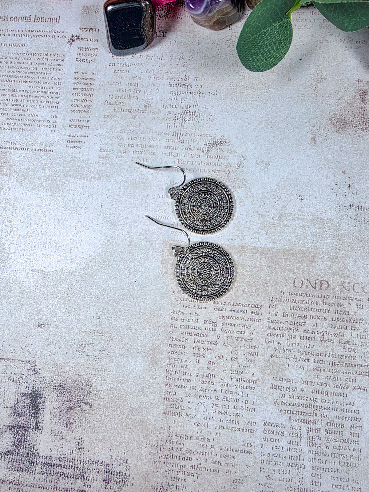 Antiqued silver round medallion dangle earrings handmade by Nicki Lynn Jewelry