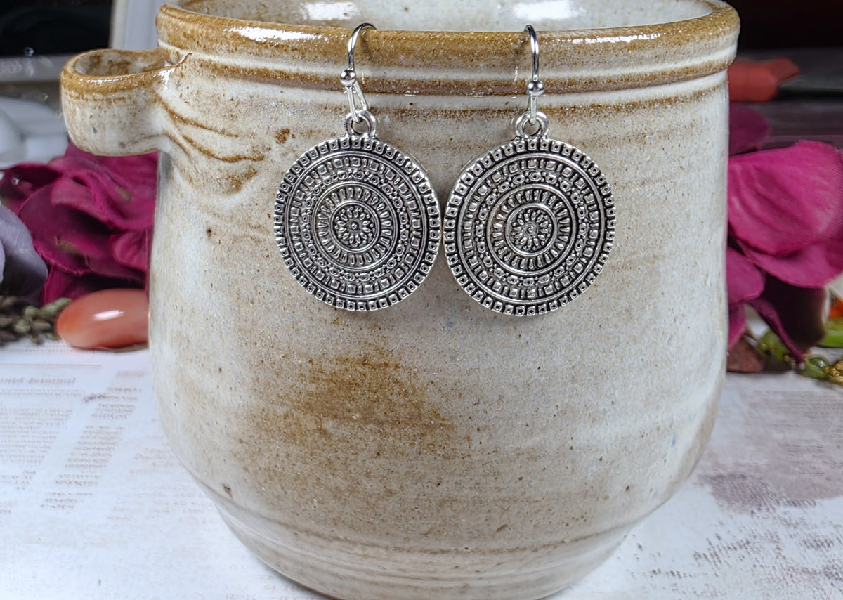 Antiqued silver round medallion dangle earrings handmade by Nicki Lynn Jewelry