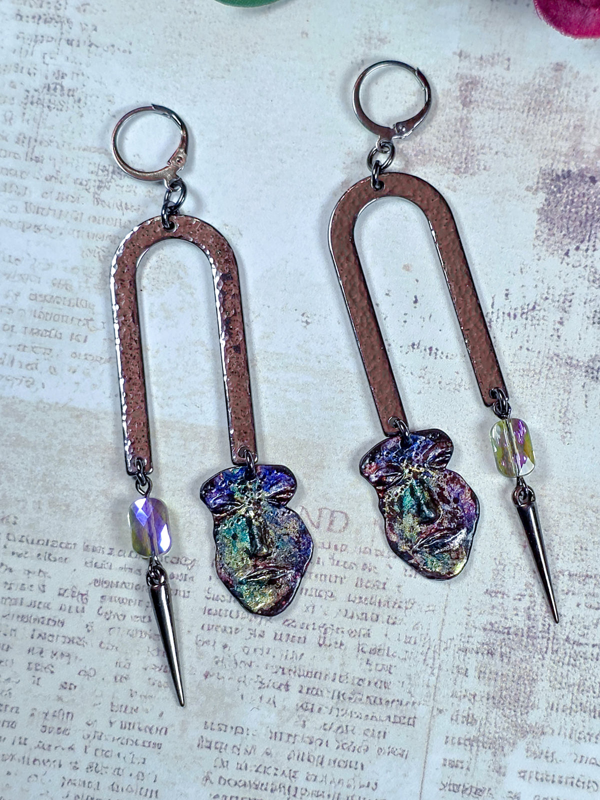 Pewter face dangle statement earrings with hammered metal arches, colorful glass beads and spike charms