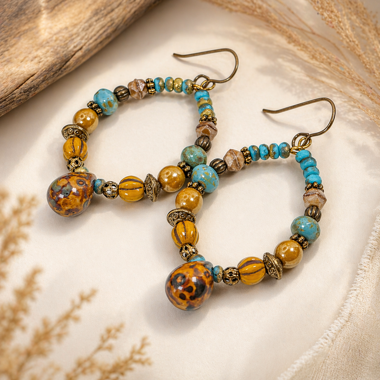 Boho Turquoise & Mustard Beaded Hoop Earrings, Nicki Lynn Jewelry