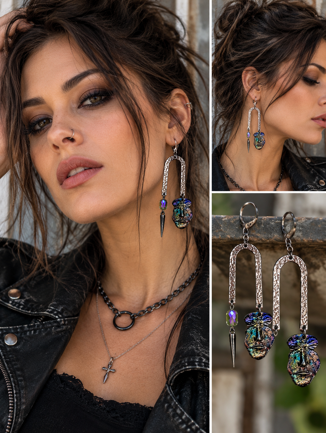 Pewter face dangle statement earrings with hammered metal arches, colorful glass beads and spike charms