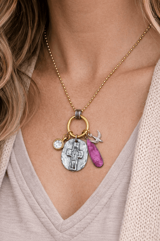 Artisan Pewter Cross Necklace with Ruby Pendant, Nicki Lynn Jewelry 