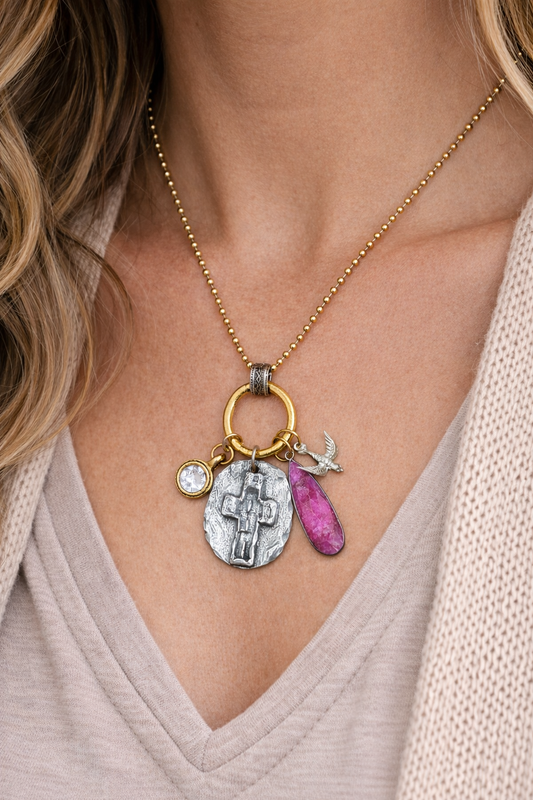 Artisan Pewter Cross Necklace with Ruby Pendant, Nicki Lynn Jewelry 