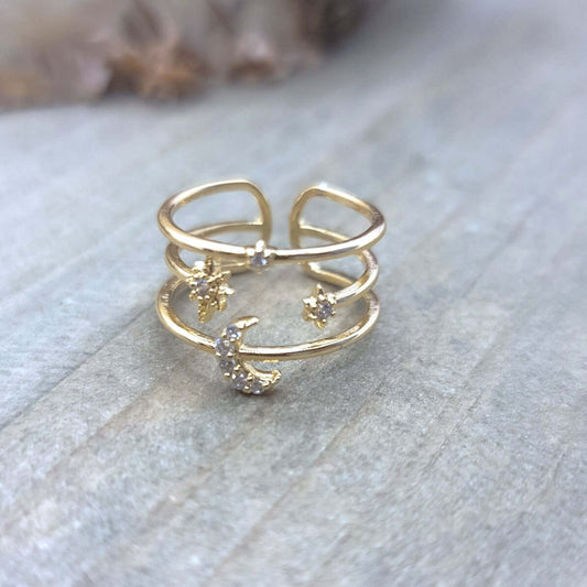 Gold Moon and Stars Celestial Ring - Nicki Lynn Jewelry