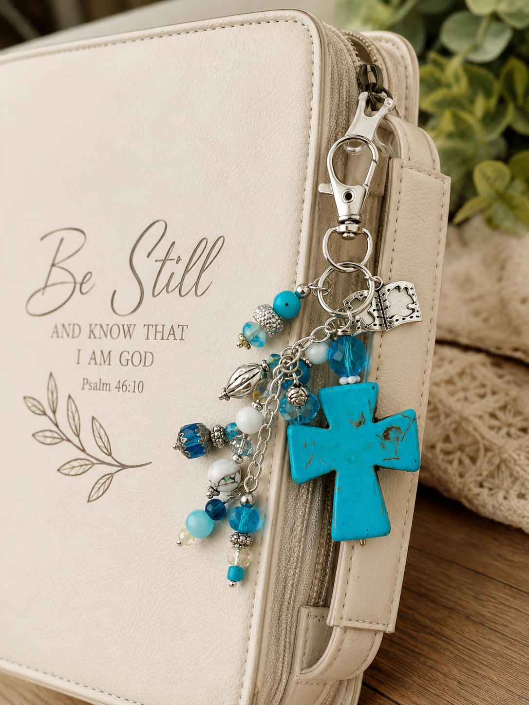 Handcrafted turquoise howlite cross purse charm with blue glass beads, Bible charm, and silver-tone keychain clip.