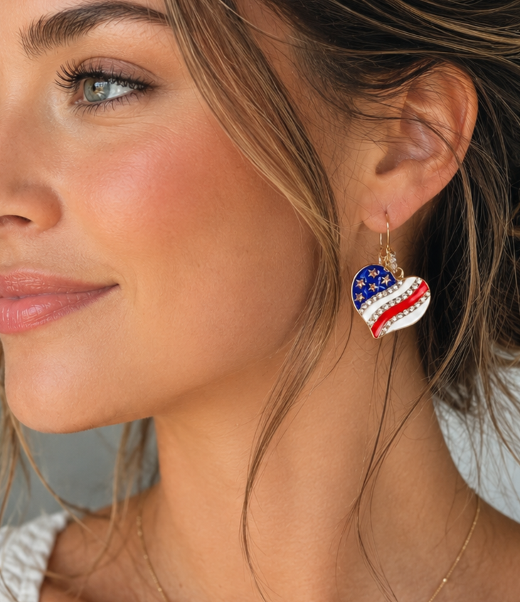 Patriotic American Flag Heart Earrings, Nicki Lynn Jewelry 