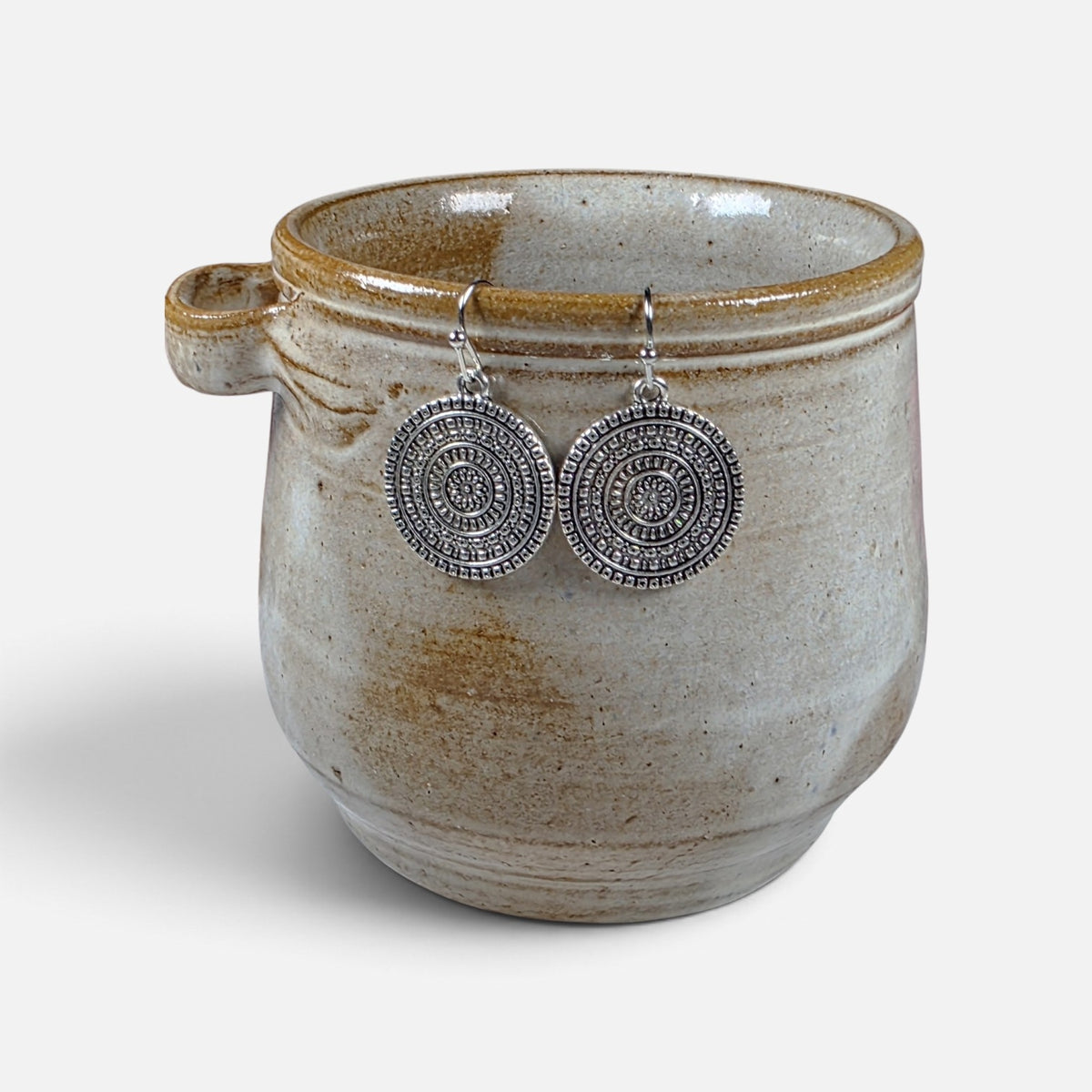 Antiqued silver round medallion dangle earrings handmade by Nicki Lynn Jewelry