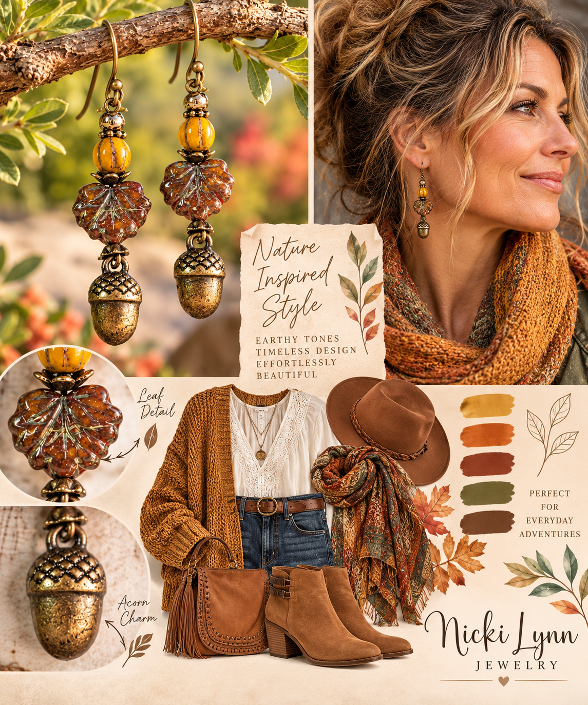 A collage-style promotional image for Nicki Lynn Jewelry featuring autumn-themed earrings, a close-up of a woman wearing amber-toned jewelry and a chunky knit scarf, detailed views of the earrings, a styled outfit with a brown hat, scarf, cardigan, jeans, and boots, and a color palette swatch section.