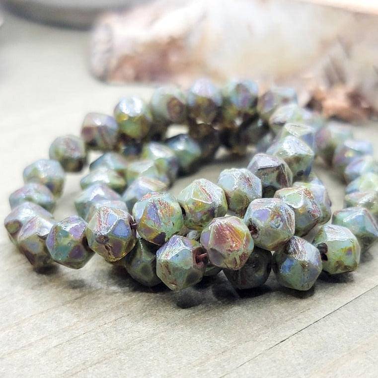 8mm English Cut Czech Glass Beads- Sea Green with Picasso Finish - Nicki Lynn Jewelry