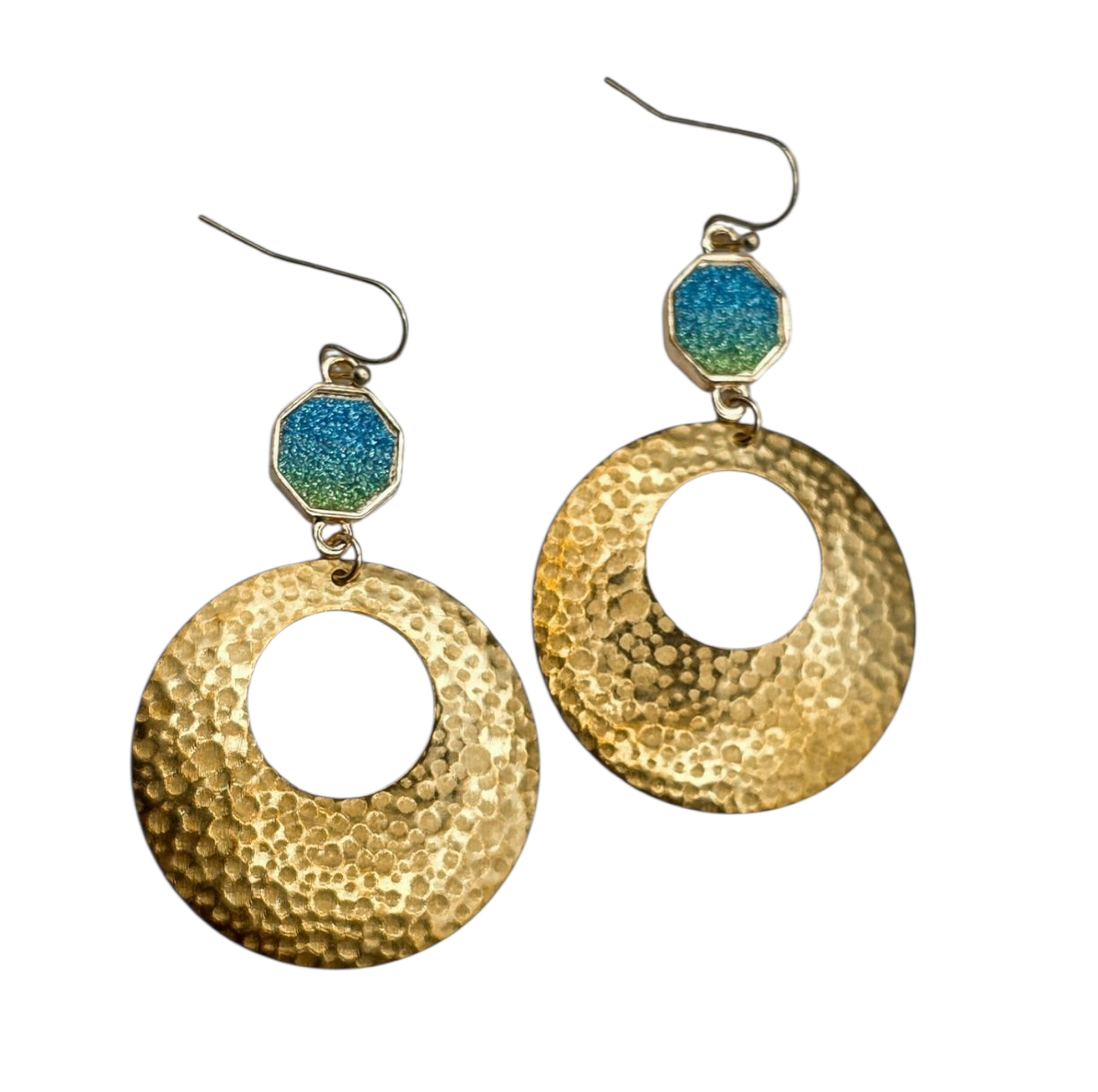 Sparkling Blue Glitter and Gold Hammered Circle Dangles – Boho Statement Earrings