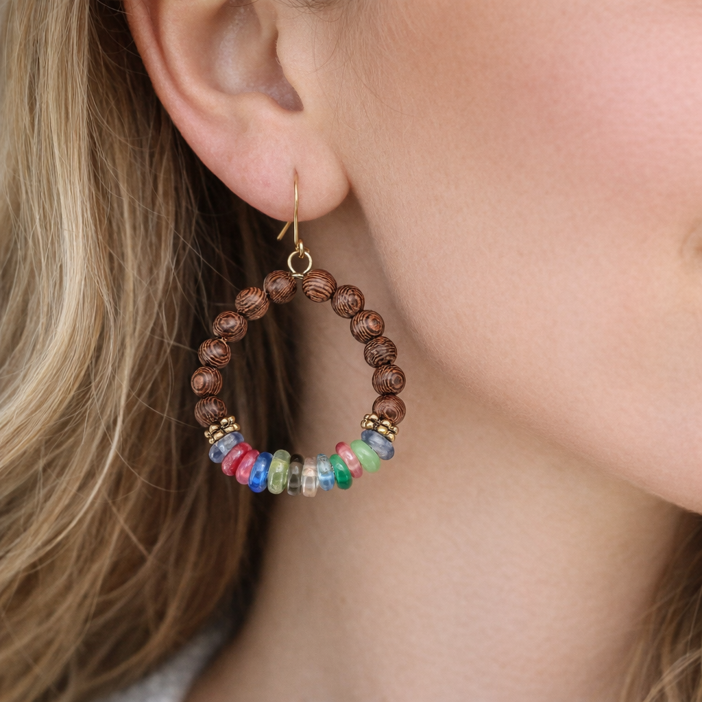 Rosewood Bead Hoop Earrings with Multicolor Glass Beads