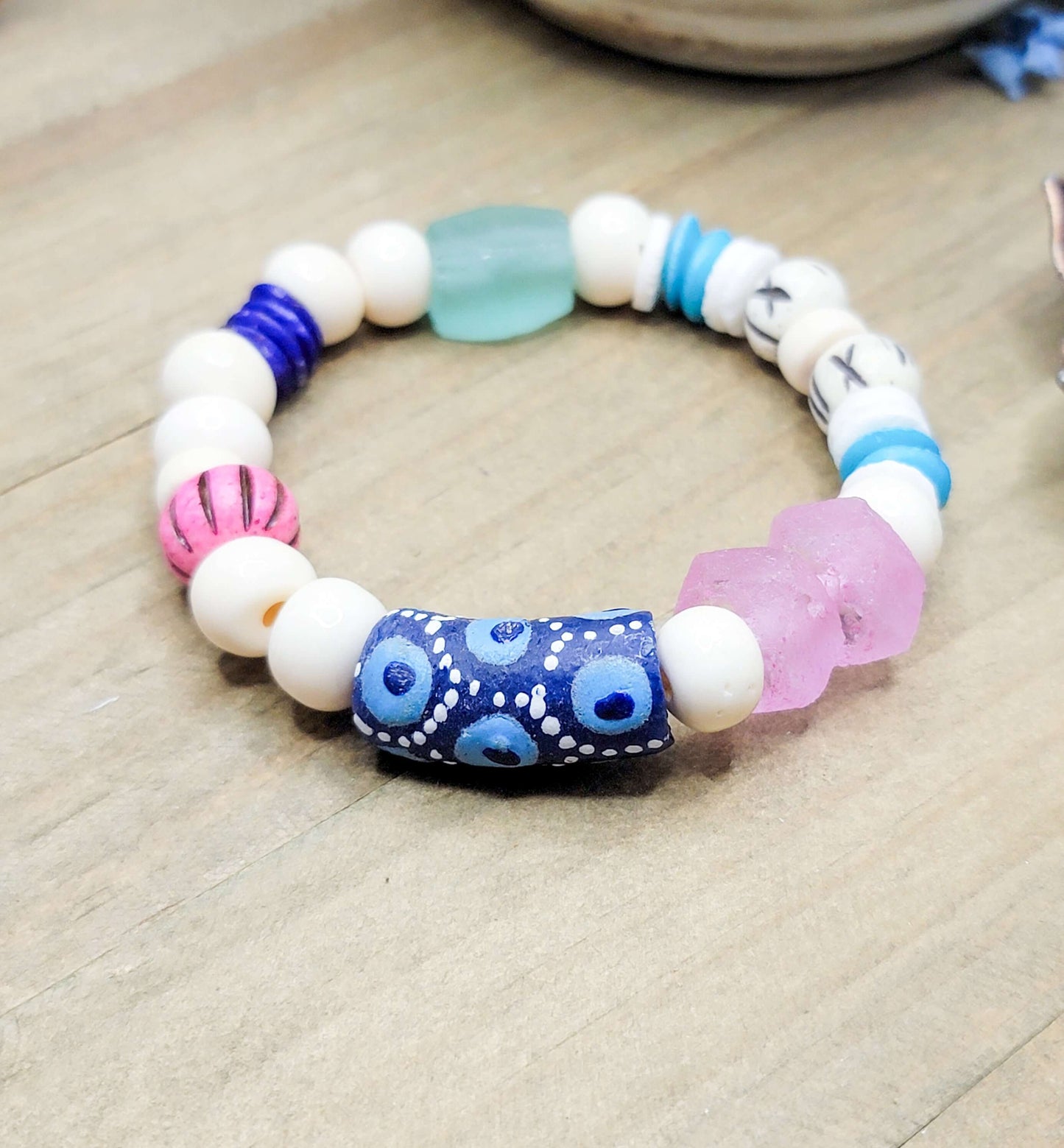 Boho Recycled Glass and Bone Bead Bracelet