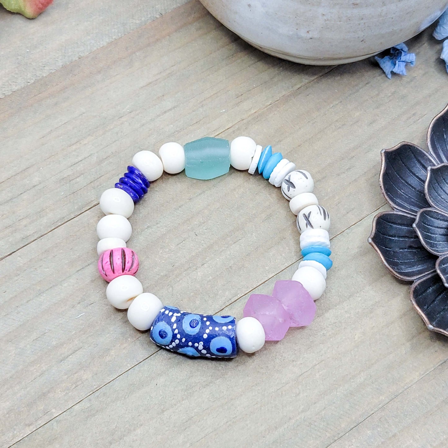 Boho Recycled Glass and Bone Bead Bracelet