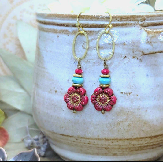 Czech Glass Flower Dangle Earrings