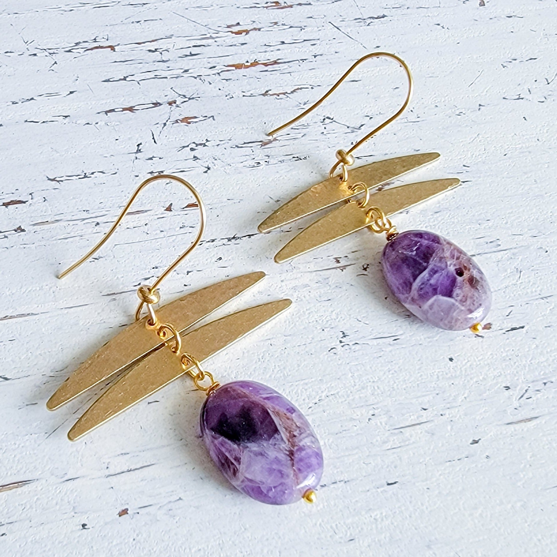 Large Brass and Amethyst Crescent Earrings - Nicki Lynn Jewelry