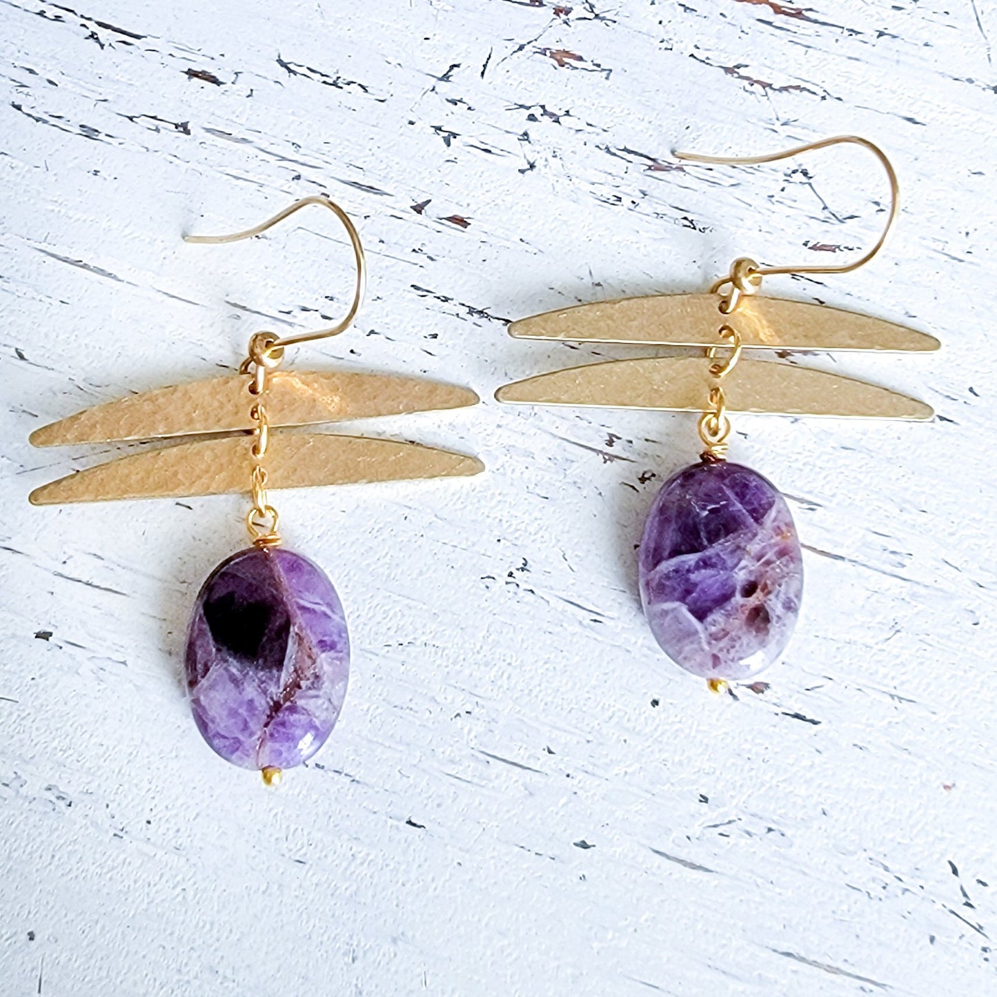 Large Brass and Amethyst Crescent Earrings - Nicki Lynn Jewelry